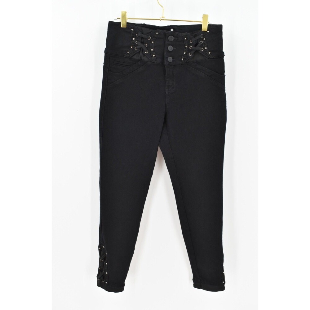 Tissini Women 7 Idalia Black Corset Lace Up High Rise Skinny Jeans